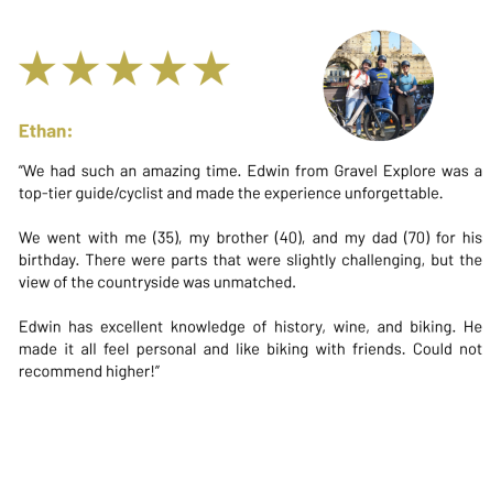 “We had such an amazing time. Edwin from Gravel Explore was a top-tier guide/cyclist and made the experience unforgettable. 